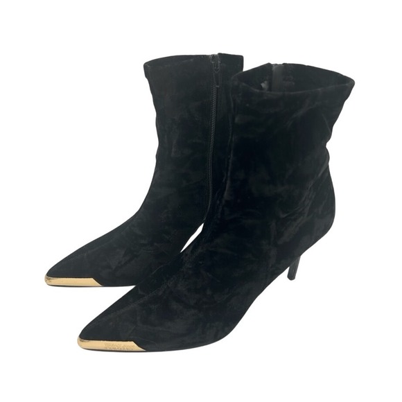 Versace Jeans Couture Black Velvet Ankle Boots Gold Pointed Toe Stiletto Size 38